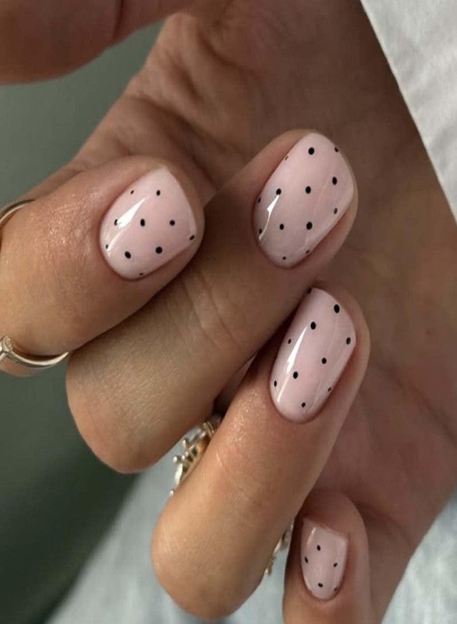 Foccna Extra Short Press on Nails Square Fake Nails Polka Dots Glossy Short Round Nails, Salon Quality Artificial Nails for Women 24pcs - Image 1